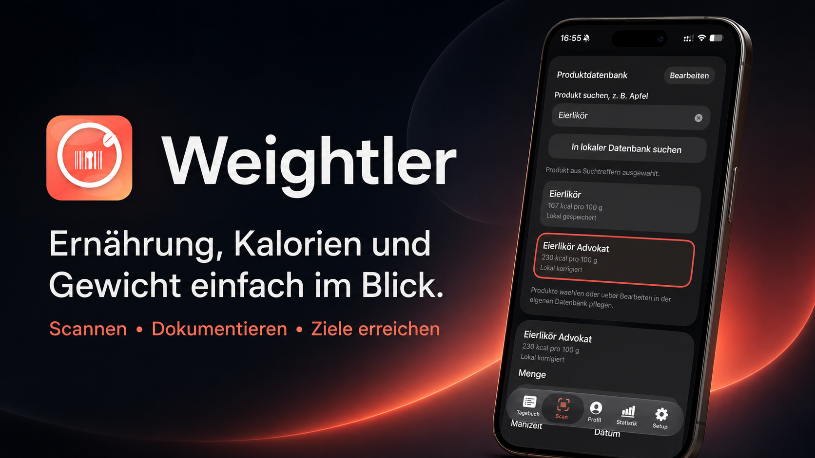 Weightler mit orangefarbenem App-Symbol und einer iPhone-Ansicht der Produktsuche. Produkte lassen sich auswählen und mit ihrer Menge im Tagebuch speichern.